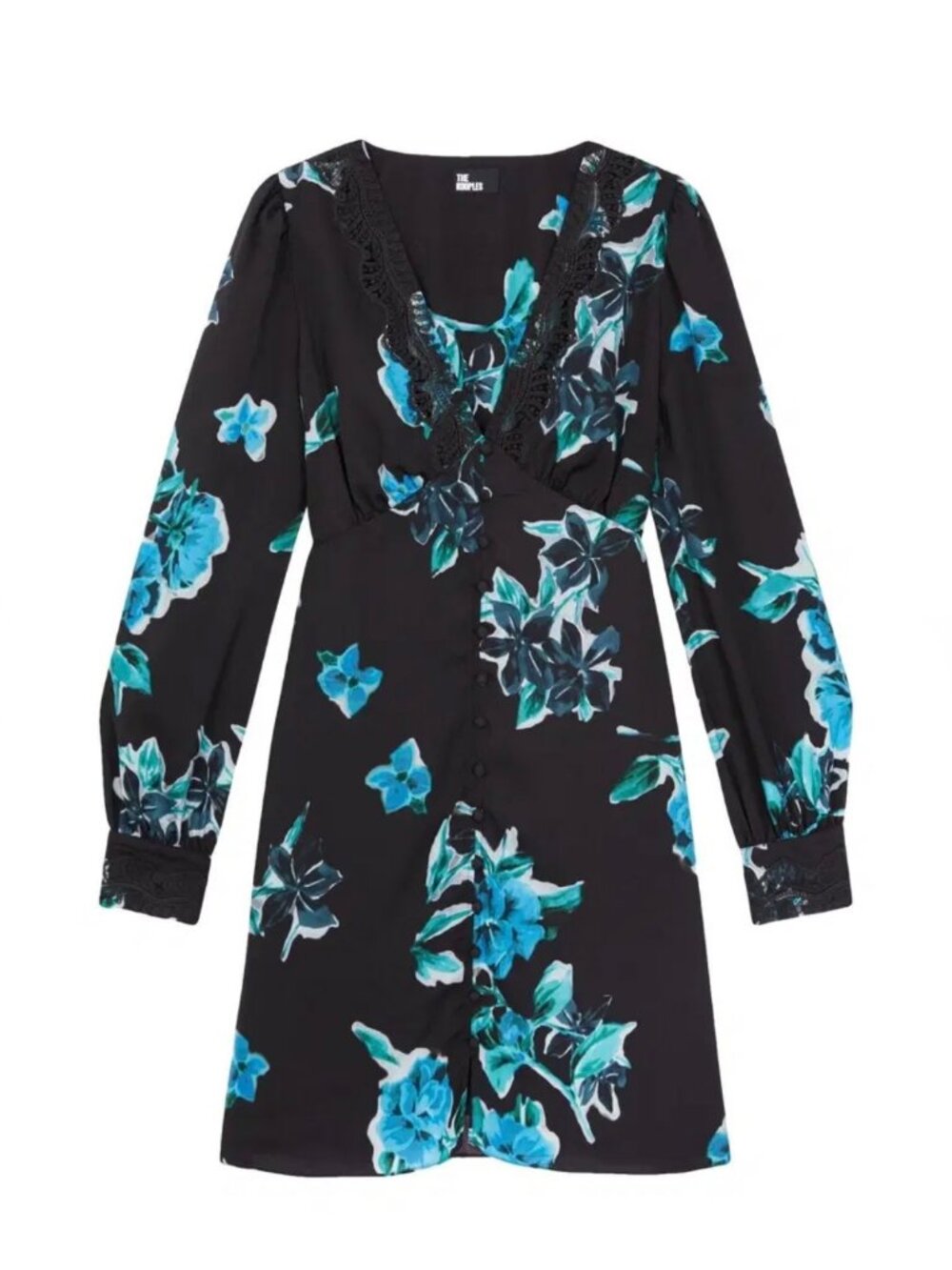 The Kooples 90's Flowers Dress Black Blue Floral Lace Trim Size 1 NWT